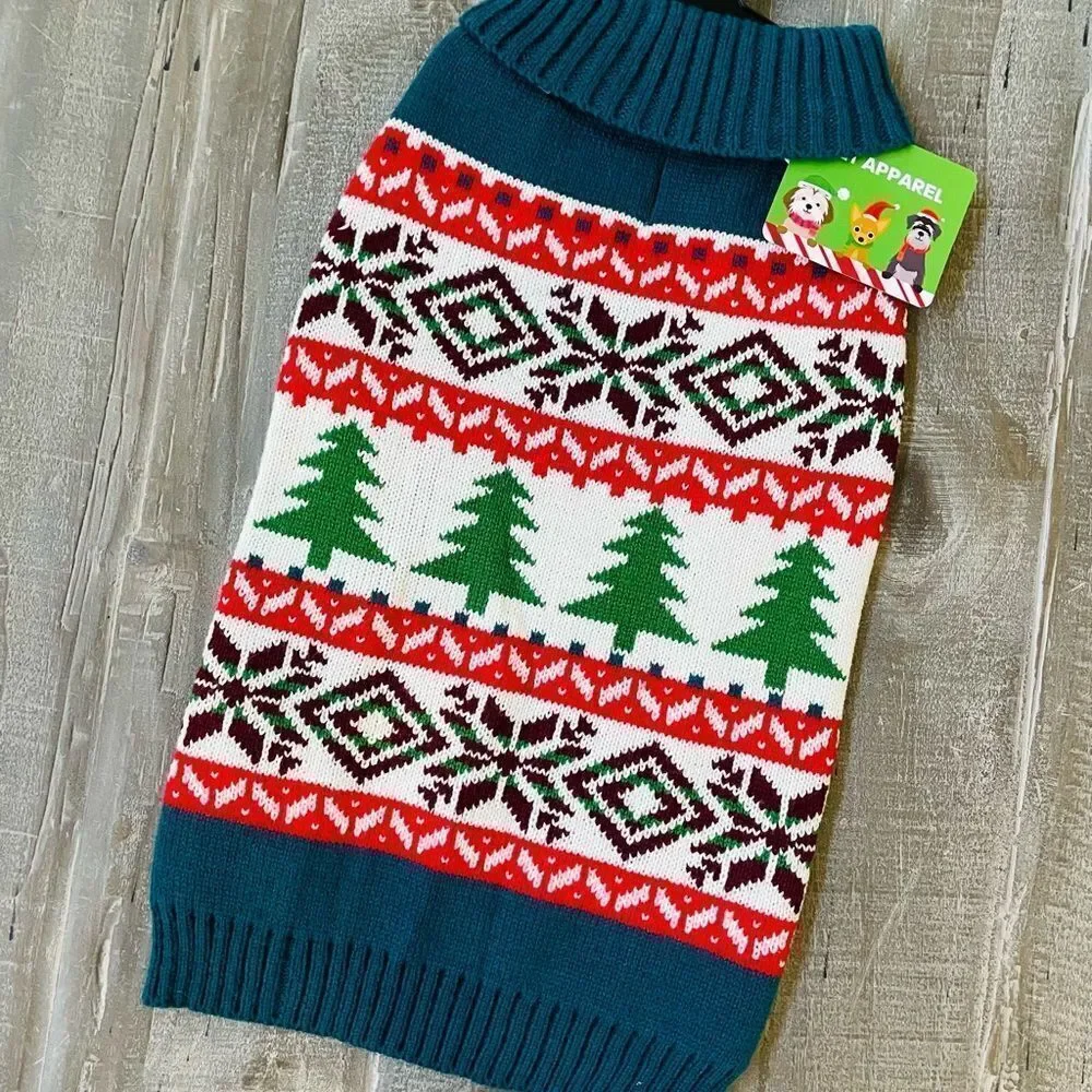 Nordic Fair Isle Teal Blue Green Red Holiday Dog Pet Sweater